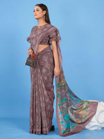 Saree Mall Women's Linen Blend Brown Printed Designer Saree With Blouse Piece-SUMER104