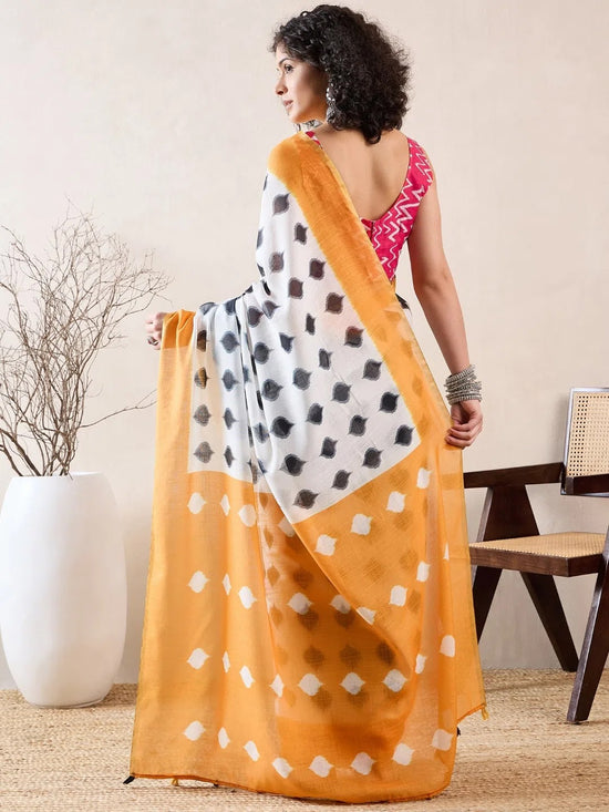 Ahika Women White Linen Ikat Printed Saree-VFSAR1003