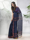 Midnight Blue Linen Saree With Sequined Work In Stripes-MA56LN331160041