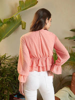 Women Peach Dobby Layered Hem Peplum Top