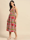 Corset Top Midi Dress in Red and Cream Ikkat Print