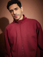 Men Maroon Front Zipper Oversized Sweatshirt With Joggers