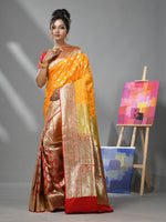 Yellow And Red Katan Silk Banarasi Patli Pallu Saree With Ethnic Motifs And Zari Woven Designs-MA52KA441380062