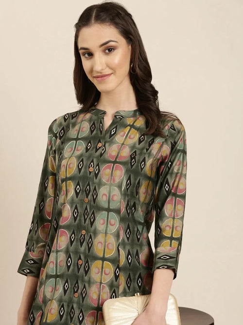 Women Olive Geometrical A-Line Kurta-ON-0015-Olive