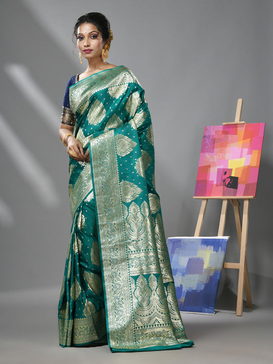 Teal Katan Silk Banarasi Saree With Ethnic Motifs And Zari Woven Designs-MA52KA441380068