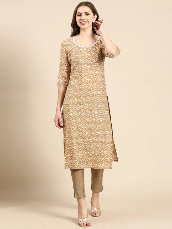 Women's Tan Printed Straight Kurta-SKC-976-Tan