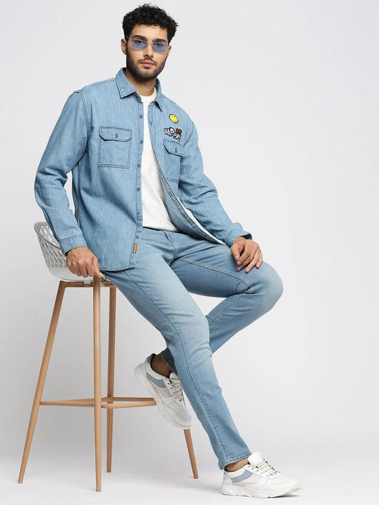 Men Blue Spread Collar Solid Oversized Shirt-SMILEDENIM-4914-Blue