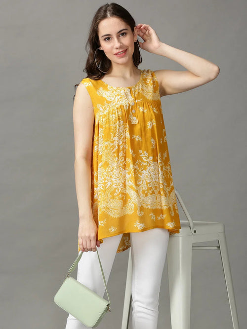 Women's Yellow Printed Top-ON-602-Mustard