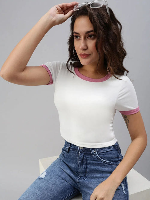 Women's White Solid Crop Top-PC-2068-White