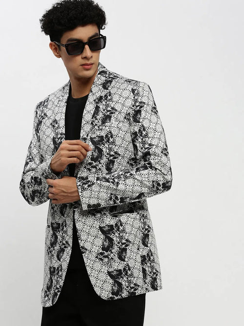 Men White Printed Blazer-SOBLZ-85-01-White