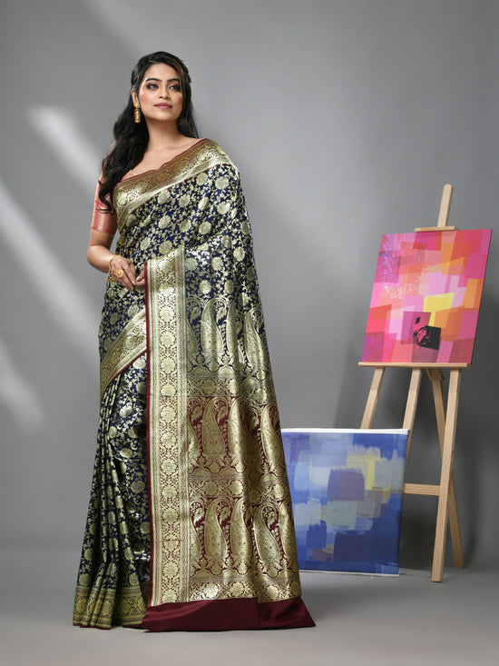 Blue Silk Banarasi Saree With Zari Woven Floral And Paisley Designs-MA52BSL441050008