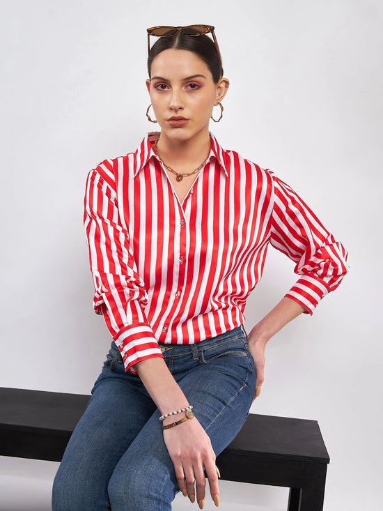 Women Red & White Satin Striped Shirt