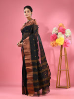 Black Pure Cotton Tant Saree With Zari Border-MA51TT43540046