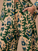 Women Green & Beige Ikat Print Shirt With Straight Pants