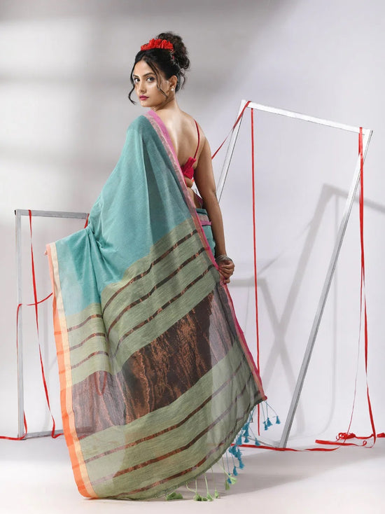 Ice Blue Patli-Pallu Cotton Saree With Stripes Zari Borders-MA55CT06520103