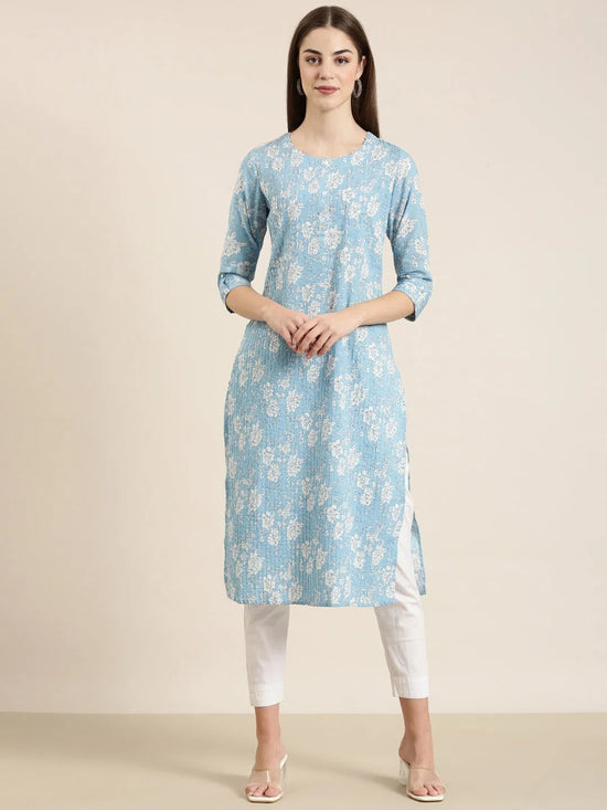 Women Blue Floral Straight Kurta-ON-0046-Blue