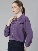 Women Purple Solid Denim Jacket-GZ-5598-Purple