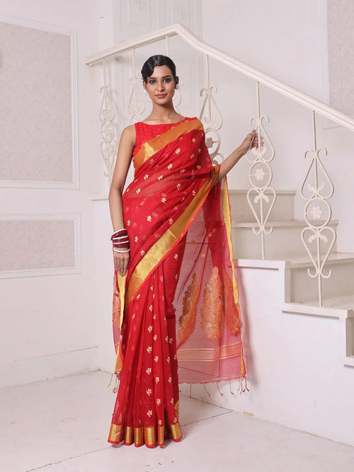 Red Cotton Saree With Zari Borders-MA64BCT401190052