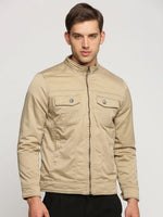 Men Beige Mock Collar Solid Tailored Jacket-SO-21-Beige