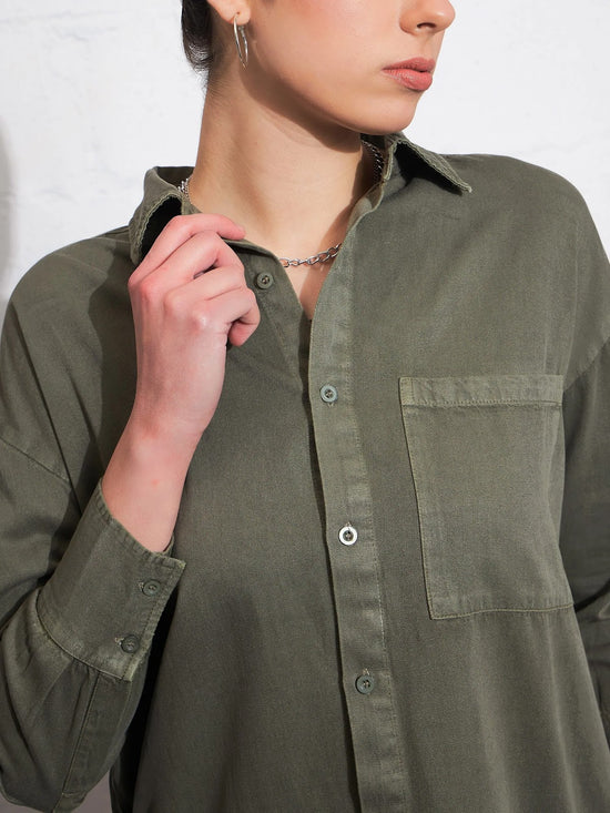 Women Olive Cotton Twill Oversized Shirt