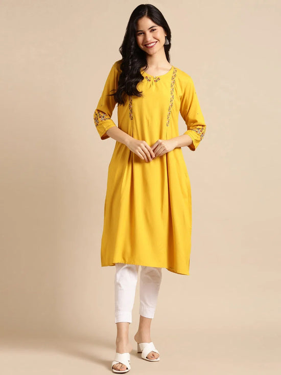 Women's Yellow Embroidered Straight Kurta-DF-1202A-Yellow