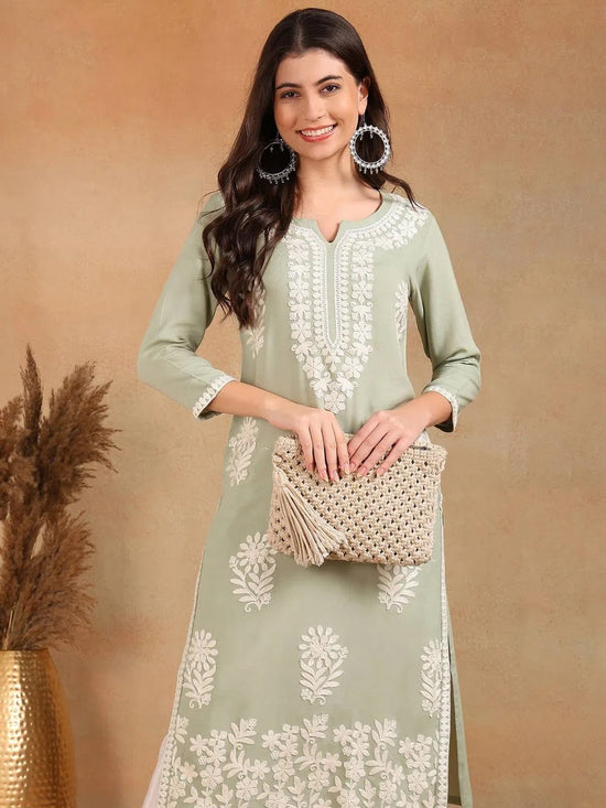 Ahika Women Green Viscose Rayon Solid Embroidered Chikankari Straight Kurta-VCK9779GRN