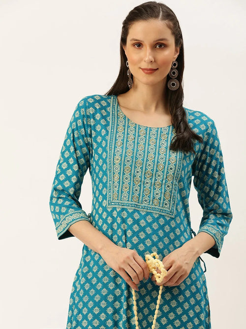 Women's Blue Printed Straight Kurtas-AT-A250-K-Blue