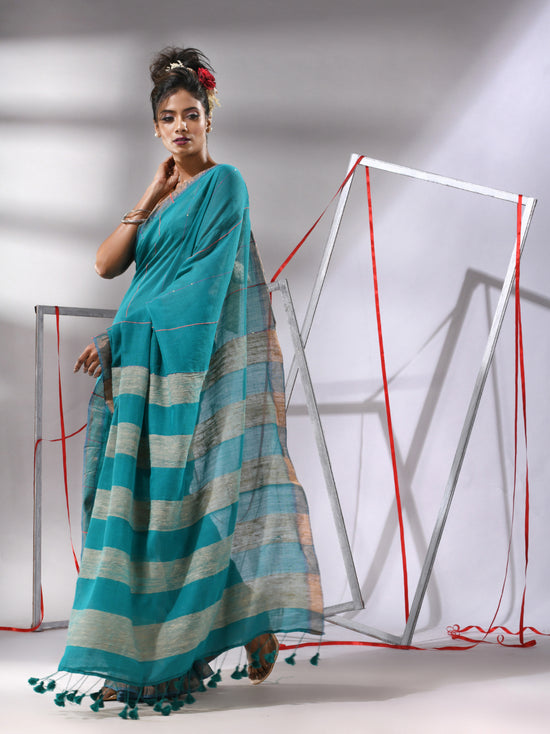 Teal Cotton Saree With Gheecha Pallu-MA55CT06540001