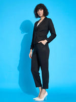 Women Black Rayon Tencil Blazer With Pants