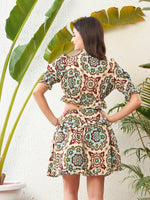 Women Biege Ethnic Motif Waist Cut-Out Tiered Dress