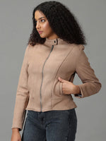 Women's Taupe Solid Open Front Jacket-IM-067-Taupe