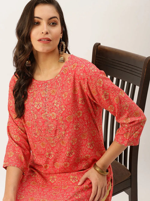 Women's Pink Printed Straight Kurtas-HO-1425-Pink