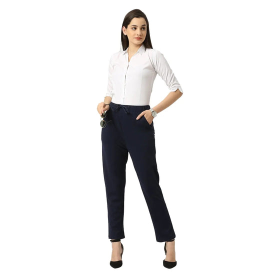 Smarty Pants Women's Cotton Lycra Ankle Length Navy Blue Formal Trouser