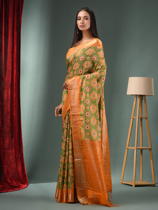 Light Green Blended Silk Handwoven Ajrakh Print Saree-MA50BSL34830016