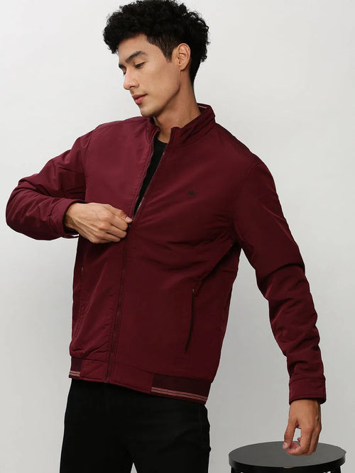 Men Maroon Solid Casual Bomber Jackets-ZD-3400-Maroon