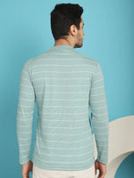 Venitian Men Striped Polo Neck Full Sleeves Sea Green T-Shirt Wih Pocket