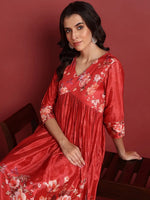 Ahika Polyester Floral Red Indian Ethnic