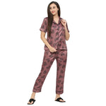 Smarty Pants Women's Silk Satin Chocolate Color Paw Print Night Suit