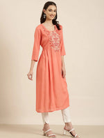 Women Coral Solid A-Line Kurta-NJ-3530432-Coral