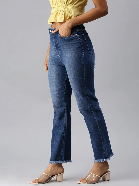 Women's Blue Solid Straight Fit Denim Jeans-IM-9813-Blue