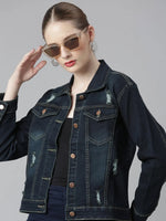 Women Navy Blue Solid Denim Jacket-LT-6450-Navyblue