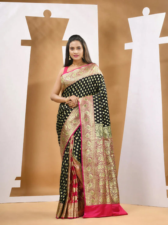 Black Katan Silk Banarasi Saree With Ethnic Motifs And Woven Designs-MA53KA441380029