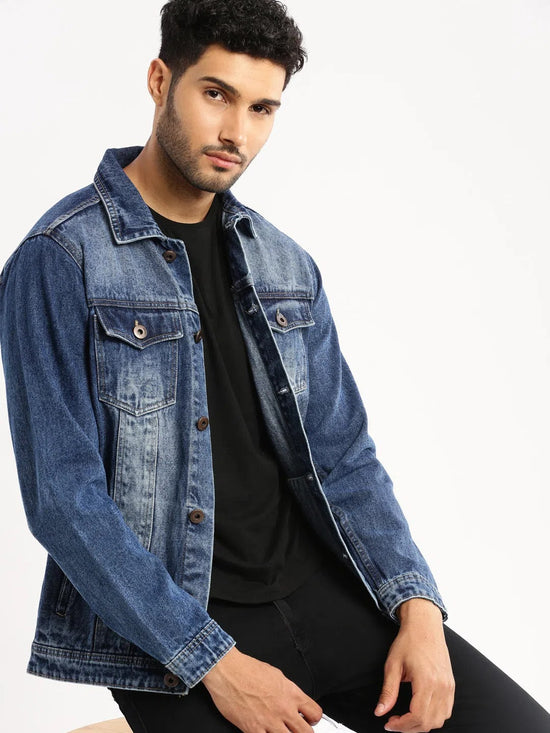 Men Blue Spread Collar Solid Denim Jacket-IB-DJ-04-5-Blue