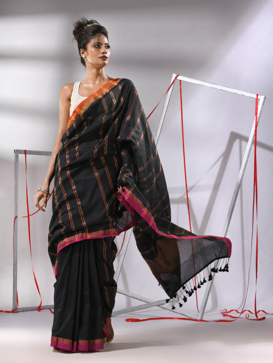 Black Soft Cotton Saree With  Zari Stripe Designs-MA55CT06530050