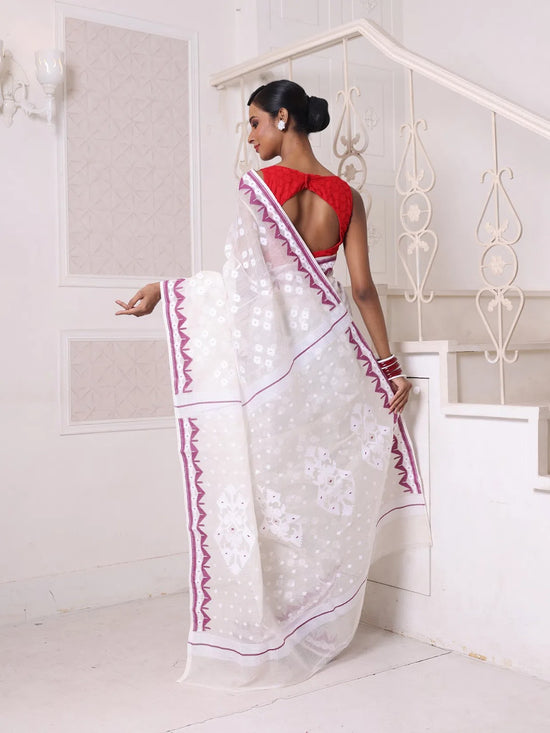 Off White Cotton Handwoven Jamdani Saree-MA64JM401380035