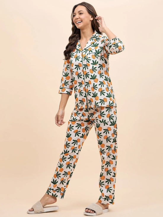 Shirt Pyjama Set in Orange Color Fruit Print