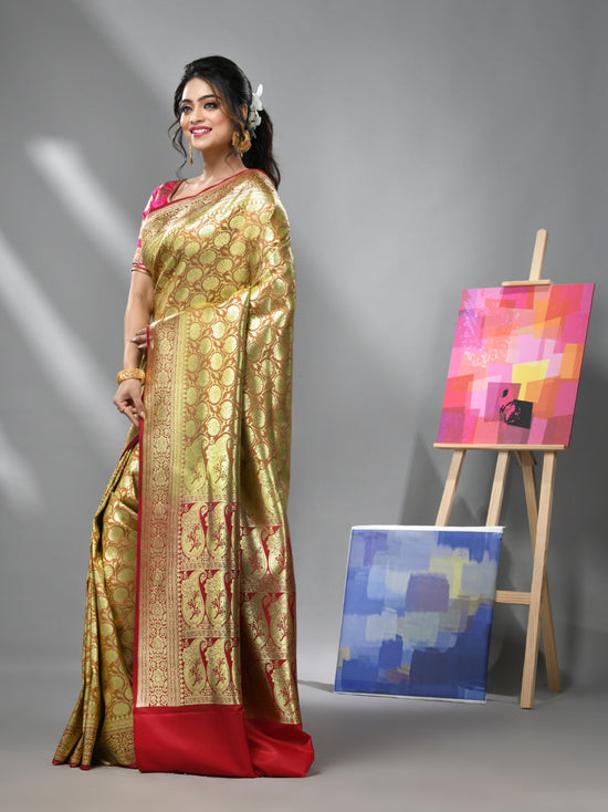 Coral Peach Silk Banarasi Saree With Zari Woven Designs-MA52BSL441050019