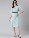 Women Blue Solid Shirt Dress-DF-1603-Blue