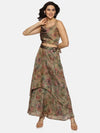 Floral Brown Asymmetrical Flare Maxi Skirt-17355