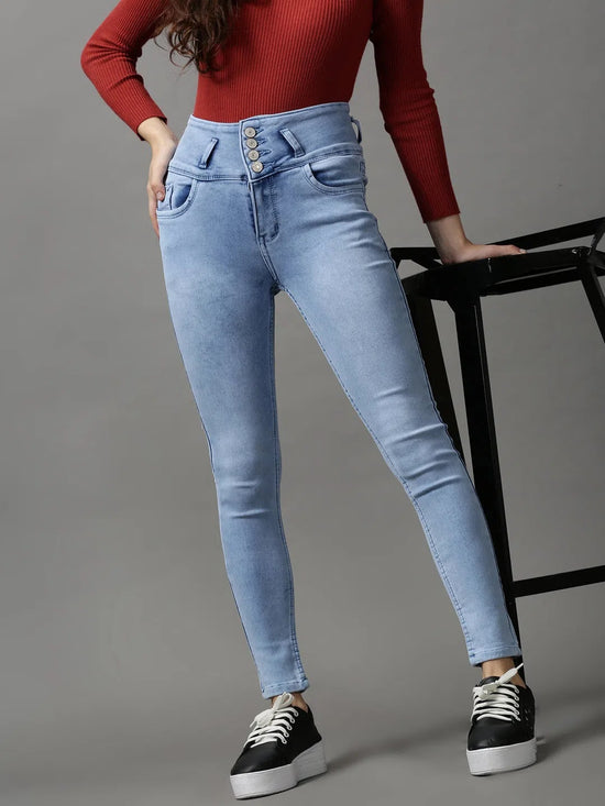 Women's Blue Solid Skinny Fit Denim Jeans-GZ-5319-Blue